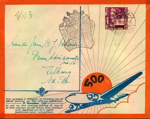 1937, decorative envelope commemoraing 500th postal flight from Netherlands Indie to Holland