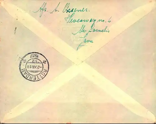 1937, decorative envelope commemoraing 500th postal flight from Netherlands Indie to Holland