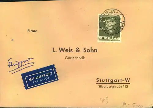 1953, 25 Pf. Schinkel als EF auf Luftpostbrief ab BERLIN - CHARLOTTENBURG