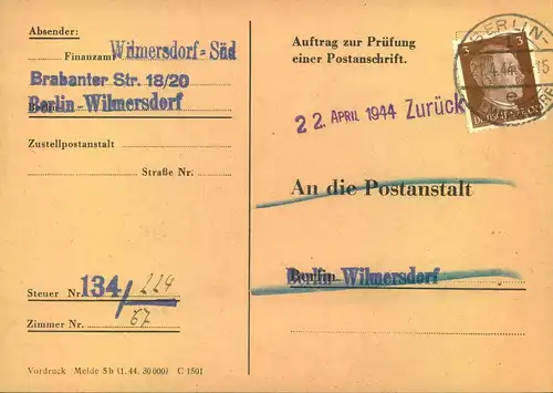 1944, 3 Pf. Hitler a1944, 3 Pf. Hitler als seltene EF auf ls seltene EF auf Anschriftenprüfungskarte BERLLIN-WILMERSDORF