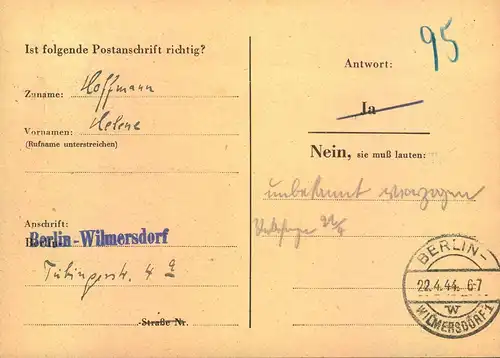 1944, 3 Pf. Hitler a1944, 3 Pf. Hitler als seltene EF auf ls seltene EF auf Anschriftenprüfungskarte BERLLIN-WILMERSDORF