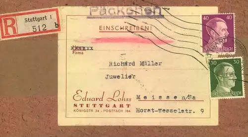 194ca. R- Päckchen mit Hitlerfrankatur ab STUTTGART nach Meissen