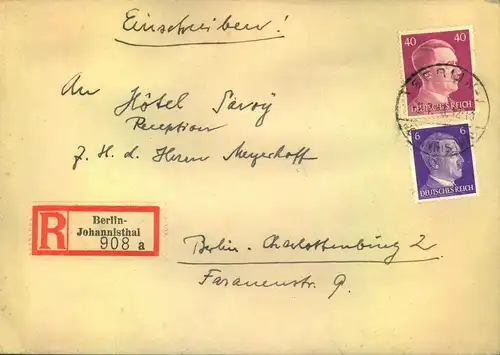 1943, Orts-Doppel-R-Brief ab "BERLIN-JOHANNISTHAL"