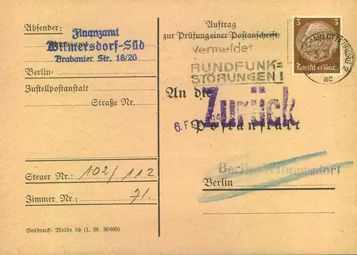 1940, 3 Pf. Hindenburg als EF auf Anschriftenprüfungskarte ab BERLIN-CHARLOTTENBURG 2