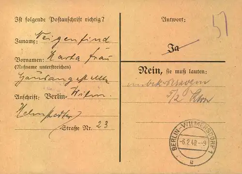 1940, 3 Pf. Hindenburg als EF auf Anschriftenprüfungskarte ab BERLIN-CHARLOTTENBURG 2