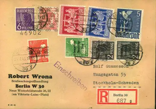 1948, Auslands-Doppel-R-Brief in 10-fach Ausgabenmischfrankatur mit 5 Mark Taube ab "BERLIN 30 4.7.482