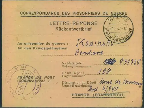 1947, Kriegsgefangenen post (P.O.W.) ab "GLIENICKE b. BERLIN" nach Frankreich