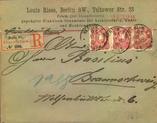 1887, Einschreiben 3-mal 10 Pf.  ab "BERLIN S.W.952. Seltenes "spätes " Postamt