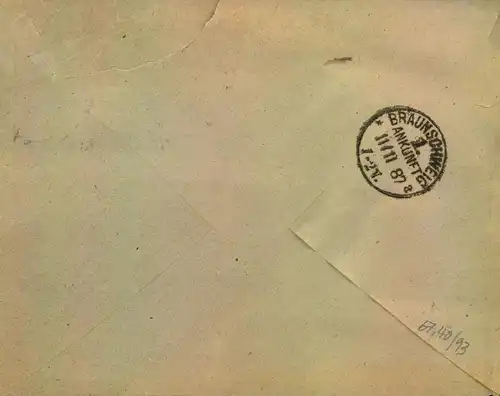 1887, Einschreiben 3-mal 10 Pf.  ab "BERLIN S.W.952. Seltenes "spätes " Postamt