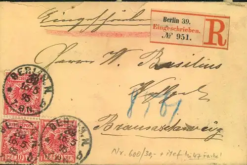 1895, Einschreiben mit 3-mal 10 Pf. Krone/Adler ab"  BERLIN N 39"