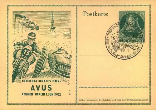 1952, 10Pf. Glocke Ganzsachenkarte zum "AVUS - Rennen 1951" nit Sonderstempel
