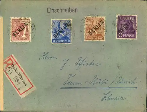 1948, Auslandseinschreiben 2. Gewichtsstufe (140 Pf.) mit vier Schwartzufdruckwerten ab BERLIN-WILMERSDORF in die Schwei