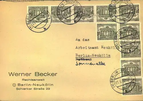 1949, 1 Pf. Berliner Bauten 10-mal auf Ortsbrief „BERLIN – NEUKÖLLN 1.6.56“