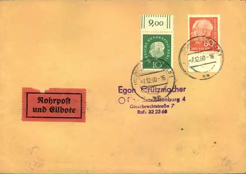1960, Eilbrief per Rohrpost ab BERLIN - NEUKÖLLN mit rückseitigem Tagesstempel "BERLIN F.A:1" und Numerator