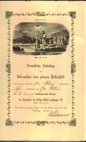 1880, Taufpatenbrief mit KOS "ZEHLENDORF (KR. TELTOW)