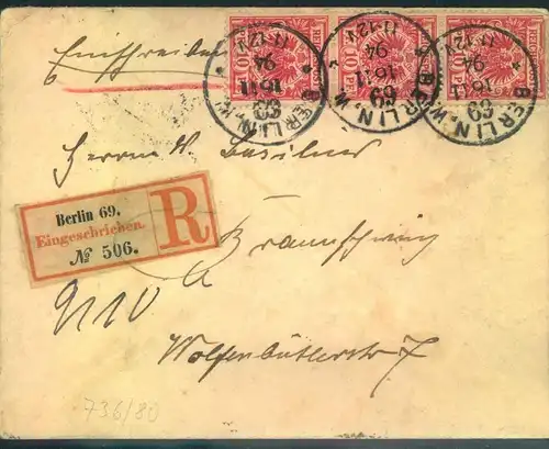1894, Einschreiben mit 3-er-Streifen 10 Pf. Krone/Adler ab „BERLIN 69“