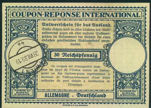1939, OSTMARK: deutscher Internationaler Antwortsschein gestempelt "WIEN 1 28.VIII.39"