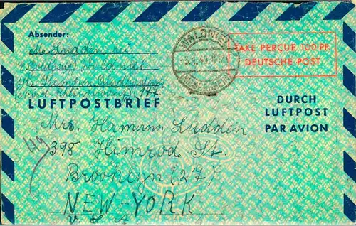 1949: Luftpostleichtbrief 100 Pfg. ab WALDNIEL (NIEDERRHEIN) nach USA