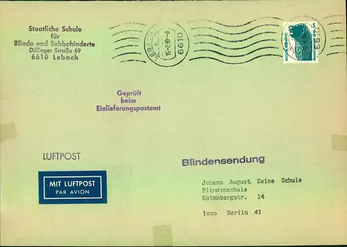 1990, Blindensendung mit 5 Pfg. Sehenswürdigkeiten als EF für Luftpostzuschlag. Mit Einlageblatt