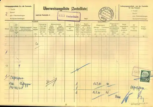 1963, 30 Pf. Heuss II als EF auf kompletter Überweisungsliste von BAD KREUZNACH