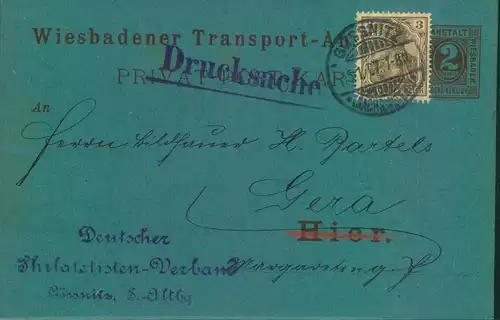 1901,3 Pf. Germania „Reichspost“ als Drucksachenporto auf GSK der „Wiesbadener Transport – Anstalt“