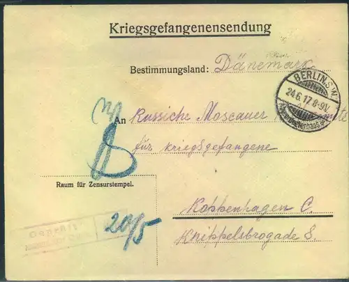 1917,vorgedruckter Kriegsgefangenenbrief „Königl Kommandantur Cüstrin  Fort  Zorndorf“ über BERLIN ABGEORDNETENHAUS“ nac