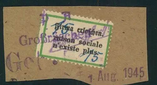LOKALSAUSGABE GROSSRÄSCHEN: 1945, Postzettel "d" , 15 Pf. auf Briefstück mit  Notstempel-Entwertung.
