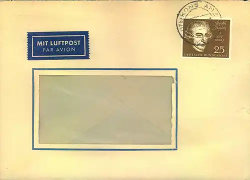 1959, 25 Pf. ais Beethoven-Block als EF auf Luftpostbrief ab  KONSTANZ