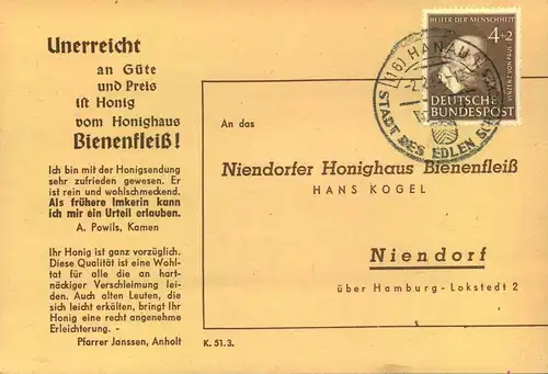 1951, 4 Pf. Wohlfahrt als EF auf Drucksachenkarte ab HANAU.