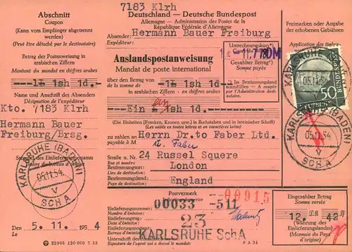 1954, 50 Pf. Heuss I als EF auf kompletter Auslandspostanweisung ab KARLSHUHE