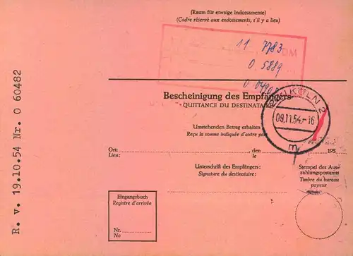 1954, 50 Pf. Heuss I als EF auf kompletter Auslandspostanweisung ab KARLSHUHE