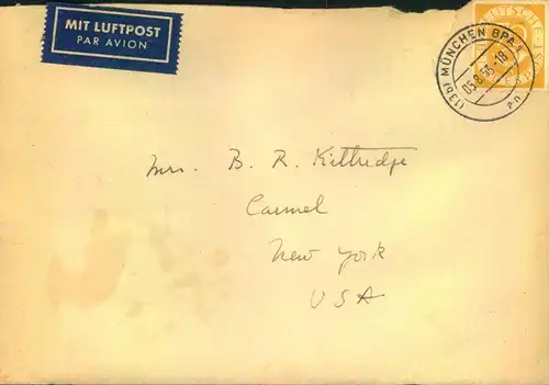 1953, 70 Pf. Posthorn auf Luftpostbrief ab MÜNCHEN nach USA