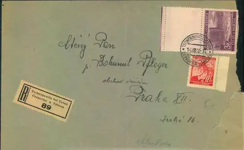 1940, 14.8.: 3 K mit Leerfeld obem auf R-Brief ab "TSCHERNOWITZ bei TABOR"