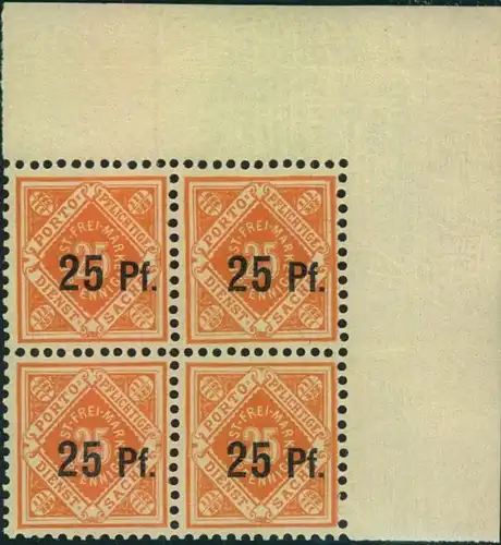 1916; Dienstmarke Ziffer in Raute 25 Pfg. auf 25, ohne Wasserzeichen. postfrischer Viererblock aus der rechten oberen Bo