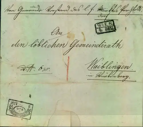 1850: Dienstbrief mit Ra2 WIEN nach Waiblingen in Württemberg. Rückseitig seltener Fahnenstempel "PERCHTOLDSDORF 1 EXP.