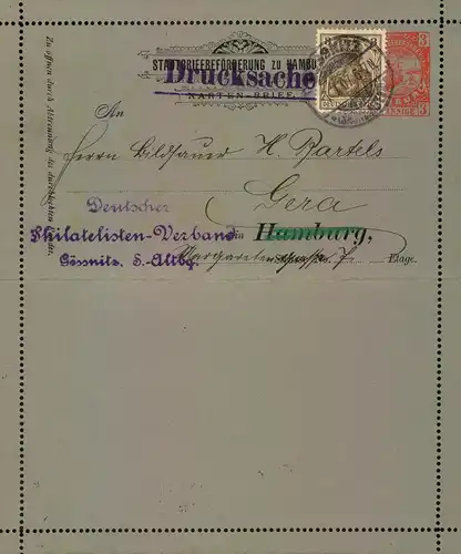 1907, Kartenbrief der „Stadtbriefbeförderung Hamburg“ als Formular d. Drucksache des Philatelisten-Vereins GÖSSNITZ.