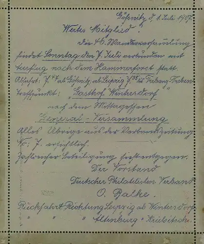 1907, Kartenbrief der „Stadtbriefbeförderung Hamburg“ als Formular d. Drucksache des Philatelisten-Vereins GÖSSNITZ.