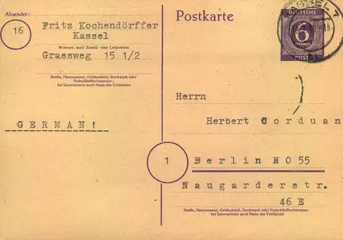 1946, 6 Pf. Ganzsachenkarte in Frühverwendung „KASSEL 7 – 18.2.46“