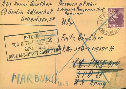 1946, Kriegsgefangenenkarte aus „BERLIN  NEUKÖLLN  14.2.46“  nach USA