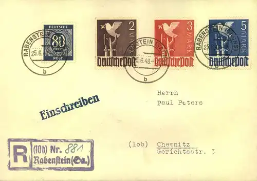 1948: 2,3 und 5 Mark Taube auf 10-fach R-Brief 2. Gewicht ab „RAVENSTEIN 25.6.48