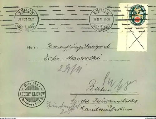 1929, NOTHILFE, senkrechter Zusammendruck 8 Pfg / X aus der Bogencke auf Ortsbrief BERLIN: