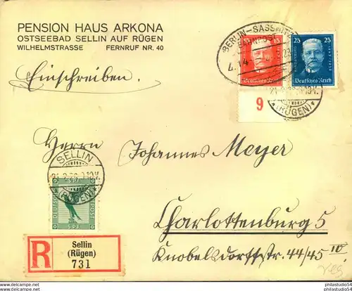 1928, 15 und 25 Pfg. Hindenburg miz 5 >Pfg. Luftpost auf R-Brief m. Bahnpost "BERLIN-SASSNITZ"