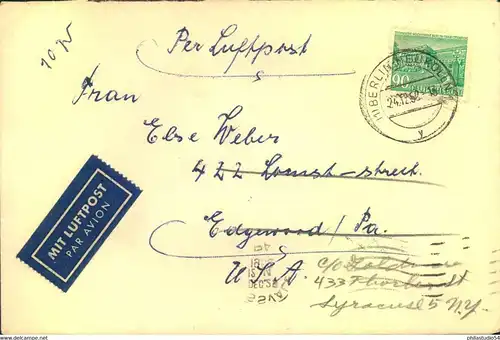 19523 24.12.: 90 Pf. Berliner Bauten als EF auf Luftpostbrief ab "BERLIN - NEUKÖLLN" nach USA