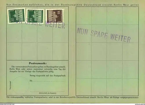 1966, Postsparkarte mit 3 Wertem Brandenburger Tir miz L1"NUN SPARE WEITER"