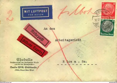 1936, Rohrpost Fernbrief ab BERLUN-SCHÖNEBER nach Riesa.