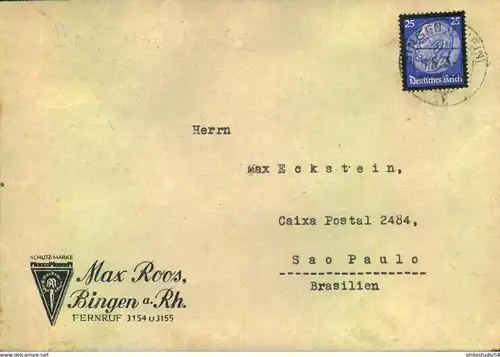 1935, 25 Pfg. Hindenburg Trauerausgabe auf "normalem" Auslandsbrief nach Brasilien