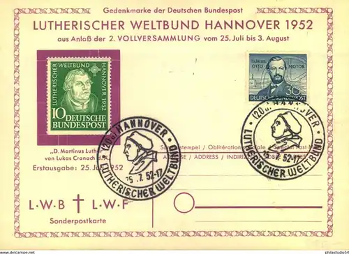 1952, Luther und Otto (Mi 149/150) gemeinsam auf einer Sonderkarte vom Ersttag