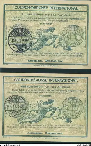 1912, 2 Internationale Antwortscheine (IAS 1)   mit verschiedenen BERLIN-Stempeln