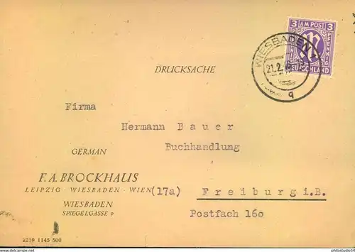 1946, 3 Pfg. AM-Post, amerikanischer Druck als EF auf Drucksachenkarte "WIESBADEN 21.2.46)