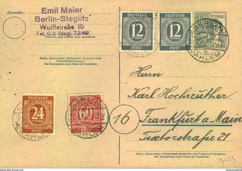 1948, WÄHRUNGSREFORM, Mischfrankatur mit 12 Pfg. Arbeiter GSK ab "BERLIN-DAHLEM 22.7.48